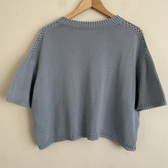 Wrap London Size M Blue Cotton Knit Short Sleeve Boxy Top T-Shirt Sweater - Picture 2 of 7